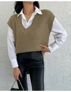 Creative Атрактивен дамски пуловер без ръкави в бежово - код 72012