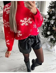 Creative Зимен дамски пуловер на снежинки в червено - код 08410