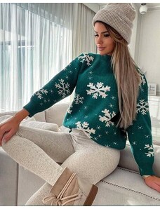 Creative Зимен дамски пуловер на снежинки в зелено - код 08410