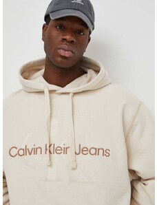 Памучен суичър Calvin Klein Jeans в бежово с качулка апликация J30J324623