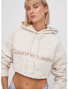 Памучен суичър Calvin Klein Jeans в бежово с качулка апликация J20J222540