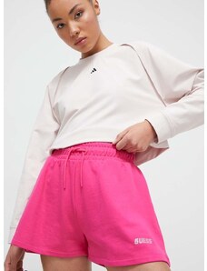 Памучен къс панталон Guess ELEANORA в лилаво с меланжов десен висока талия V4RD04 KC5O0