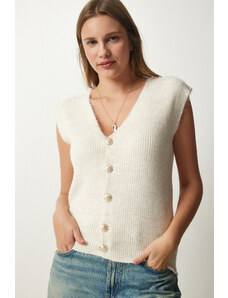 Happiness İstanbul Women's Cream Wool Knitwear Vest with Metal Buttons