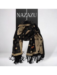 NAZAZU Красив двуцветен дамски шал от Кашмир със сърца в Черно и Бежово с шини метални нишки 291203