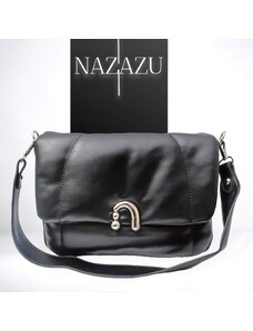 NAZAZU Луксозна дамска чанта с два вида дръжки и метални елементи - Черна 010512