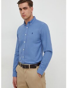 Памучна риза Polo Ralph Lauren мъжка в синьо с кройка по тялото яка копче 710723610
