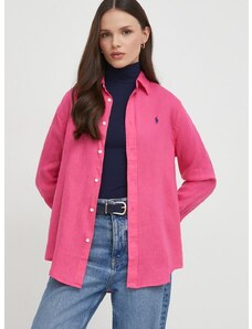 Ленена риза Polo Ralph Lauren в розово със стандартна кройка с класическа яка 211920516