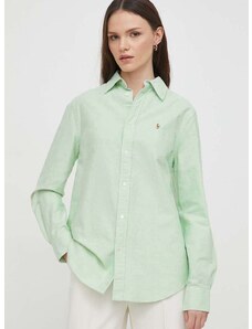 Памучна риза Polo Ralph Lauren дамска в зелено със свободна кройка с класическа яка 211932521