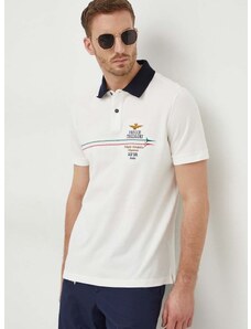 Памучна тениска с яка Aeronautica Militare в бяло с апликация