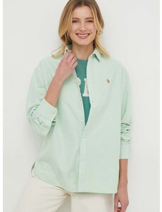 Памучна риза Polo Ralph Lauren дамска в зелено със свободна кройка с класическа яка 211931064