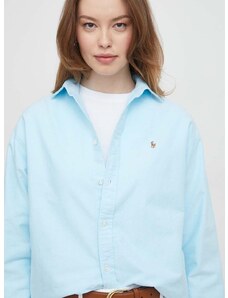 Памучна риза Polo Ralph Lauren дамска в синьо със свободна кройка с класическа яка 211931064