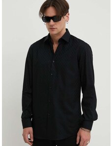 Памучна риза HUGO мъжка в черно с кройка по тялото класическа яка 50508316