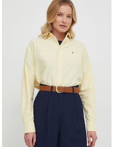 Памучна риза Polo Ralph Lauren дамска в жълто със свободна кройка с класическа яка 211931064