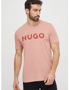 Памучна тениска HUGO в розово с принт 50467556