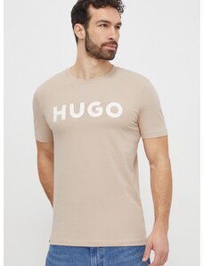 Памучна тениска HUGO в бежово с принт 50467556