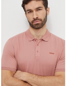 Памучна тениска с яка HUGO в розово с изчистен дизайн 50466182