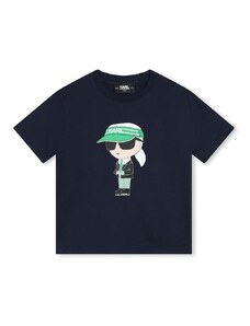 Детска памучна тениска Karl Lagerfeld в тъмносиньо с принт