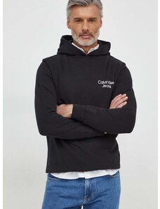 Памучен суичър Calvin Klein Jeans в черно с качулка принт J30J325159