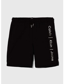 Детски памучен къс панталон Calvin Klein Jeans в черно с регулируема талия