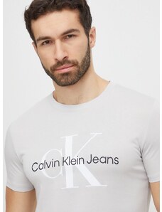 Памучна тениска Calvin Klein Jeans в сиво с принт J30J320806