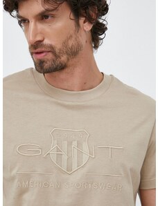 Памучна тениска Gant в бежово с апликация