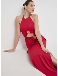 Рокля Bardot в червено дълга с кройка по тялото