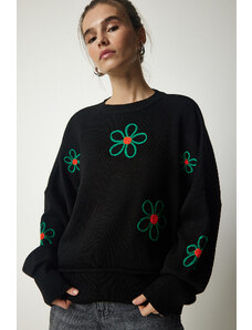 Happiness İstanbul Women's Black Floral Embroidered Oversize Knitwear Sweater