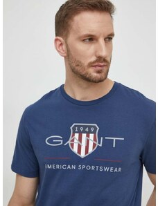 Памучна тениска Gant в синьо с принт