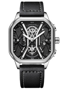 Мъжки часовник Poedagar CS1420, каишка от естествена кожа, черно-сребърен, черен циферблат