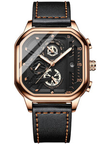 Мъжки часовник Poedagar CS1526, каишка от естествена кожа, черно злато, черен циферблат
