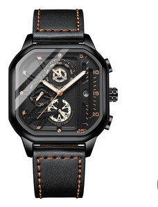 Мъжки часовник Poedagar CS1527, каишка от естествена кожа, черен, черно-златен циферблат