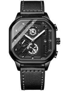 Мъжки часовник Poedagar CS1415, каишка от естествена кожа, черен, черно-сребърен циферблат