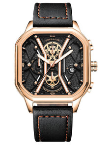 Мъжки часовник Poedagar CS1421, каишка от естествена кожа, черно злато, черен циферблат
