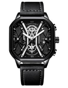 Мъжки часовник Poedagar CS1422, каишка от естествена кожа, черен, черно-сребърен циферблат