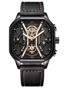 Мъжки часовник Poedagar CS1423, каишка от естествена кожа, черен, черно-златен циферблат