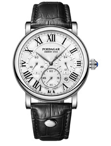 Мъжки часовник Poedagar CS1471, каишка от естествена кожа, черно-сребърен, бял циферблат