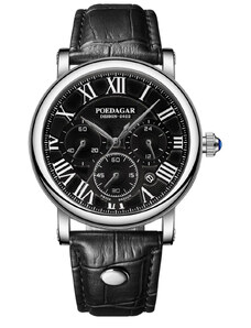 Мъжки часовник Poedagar CS1472, каишка от естествена кожа, черно-сребърен, черен циферблат