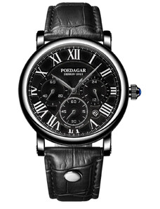 Мъжки часовник Poedagar CS1473, каишка от естествена кожа, черно-черен, черен циферблат