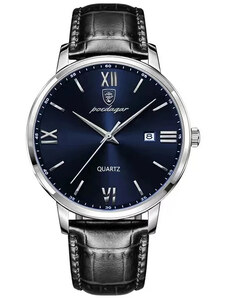 Мъжки часовник Poedagar CS1474, каишка от естествена кожа, черно-сребърен, син циферблат