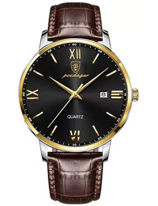 Мъжки часовник Poedagar CS1478, каишка от естествена кожа, златистокафяв цвят, черен циферблат