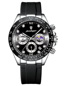 Мъжки часовник Poedagar CS1480, силиконова каишка, черно-сребърен, черен циферблат
