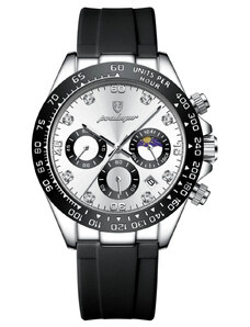 Мъжки часовник Poedagar CS1481, силиконова каишка, черно-сребърен, бял циферблат