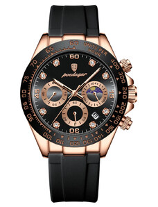Мъжки часовник Poedagar CS1482, силиконова каишка, черно-розово злато, черен циферблат
