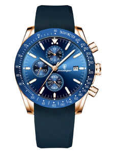 Мъжки часовник Poedagar CS1485, силиконова каишка, синьо-златен, син циферблат