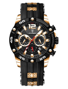 Мъжки часовник Poedagar CS1491, силиконова каишка, черно злато, черен циферблат