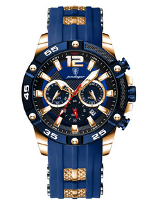 Мъжки часовник Poedagar CS1492, силиконова каишка, синьо-златен, син циферблат