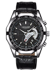 Мъжки часовник Langlishi CS1522, каишка от естествена кожа, черен, черен циферблат