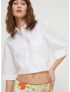 Памучна риза HUGO дамска в бяло със свободна кройка с класическа яка 50512719