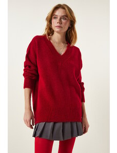 Happiness İstanbul Women's Red V-Neck Oversize Knitwear Sweater
