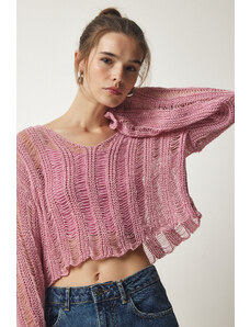 Happiness İstanbul Women's Pink V-Neck Ripped Detail Seasonal Crop Knitwear Sweater